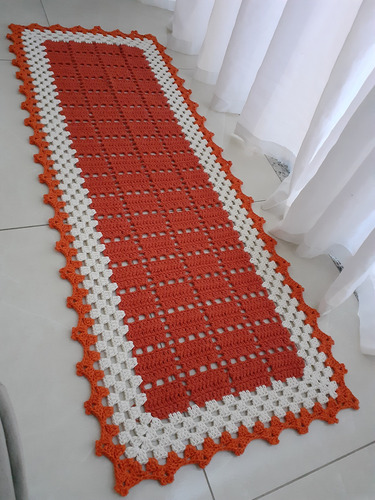 Jogo De Cozinha Tapetes Retangular Em Crochê 3 Peças 1.25 M 49 Cm Croche Telha/ Laranja E Crú
