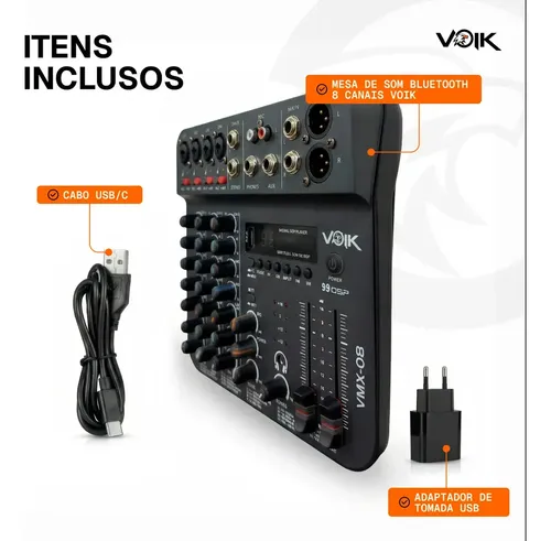 Mesa De Som 8 Canais Voik VMX-08 USB Bluetooth 99 Efeitos