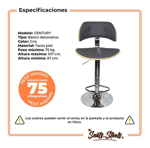 Set 2 Banco Silla Barra Giratorio Ajustable Century Gris Msi