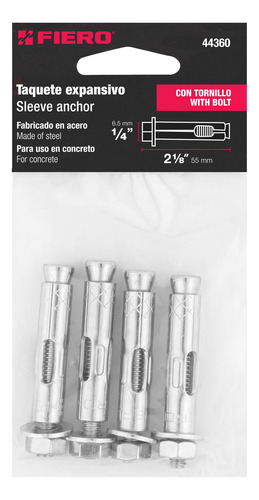 Taquetes Expansivos De 1/4 C/ Tornillo Bolsa C/ 4 Pzas Fiero
