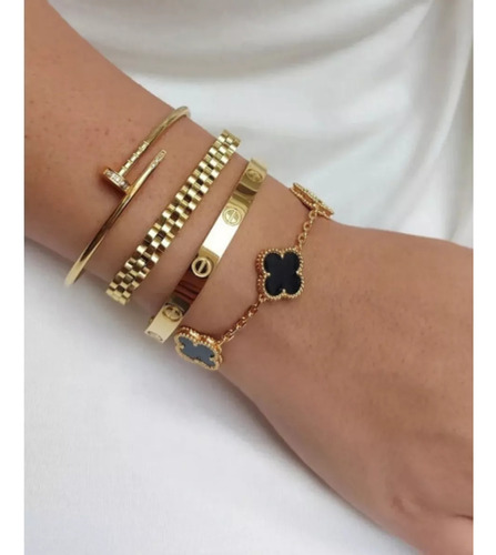Pulseira Trevo Ônix Cornalina Madre Pérola Malaquita 4 Pças