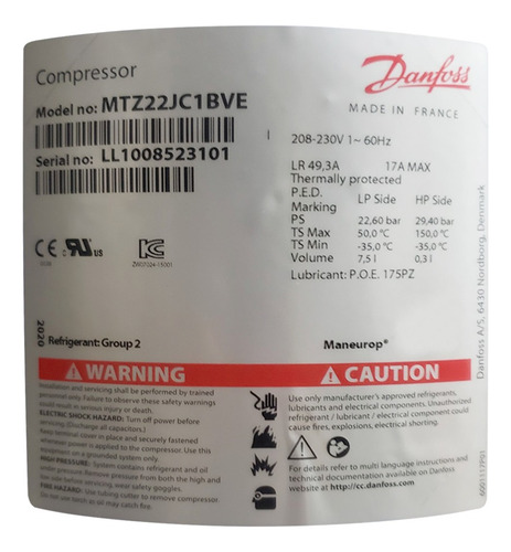 Compressor Danfoss Maneurop 2,2hp 220v Trifásico R-22 Mtz22