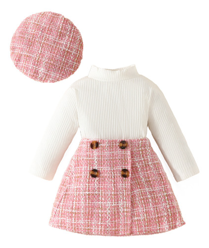 Traje De Falda De Manga Larga Con Boina A La Moda Para Niñas