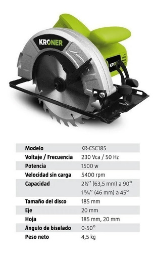 Imagen 4 de 10 de Sierra Circular Mano 1500w Kroner Profesional Disco 185 Mm