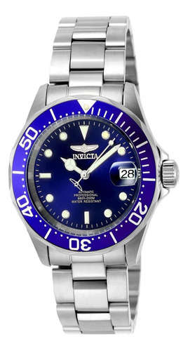 Reloj de pulsera Invicta Pro Diver 9094 de cuerpo color acero, analógico, para hombre, fondo azul, con correa de acero inoxidable color acero, agujas color blanco y acero, dial blanco y acero, minutero/segundero blanco, bisel color azul y desplegable