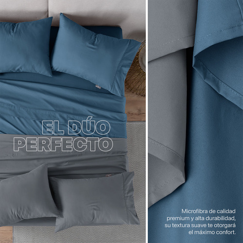 Paquete 2 Juegos De Sábanas King Size Real Textil, Microfibra Hipoalergénica Y Fresca, Azul y Gris Oscuro