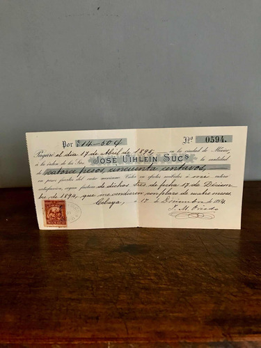 Antiguo Documento Pagaré Botica José Uihlein Sucs Año 1895 !