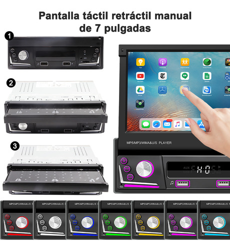 Autoestéreo Táctil Retráctil De Pantalla 7 Pulgadas Mirrorlink Bluetooth Usb Audio Vehiculos Estereo Para Autos 1 Din Cámara Negro 9606