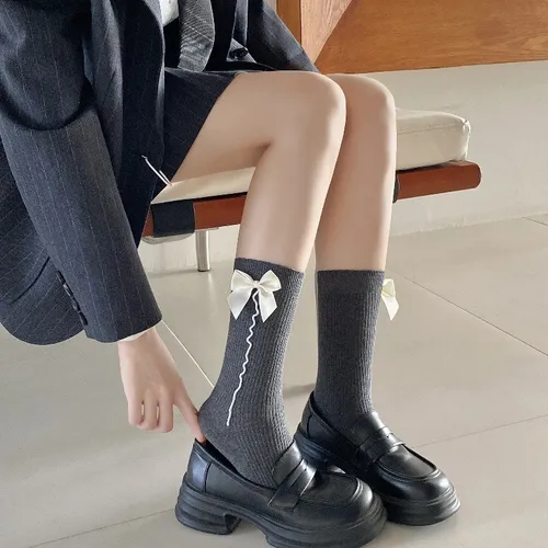Calcetines De Algodón Con Lazo, Calcetines Medios Dulces, Ca