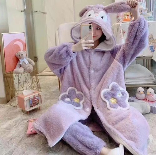 Pijama Bata Orejas Conejito Lila Dama Frio Suave Rosa Kawaii