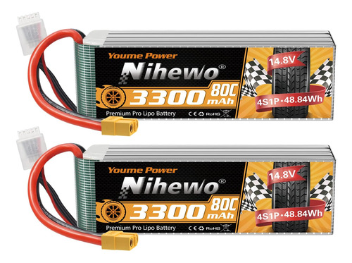 Nihewo 2 Packs 4s Lipo Batery Pack, 14.8v Lipo Batería 3300m