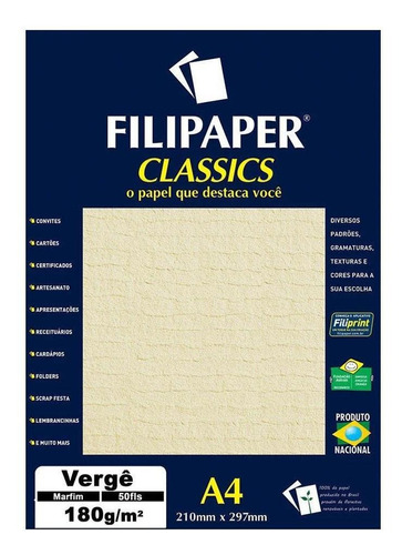 Papel Vergê A4 Filipaper Classics 180g 50 Folhas Marfim