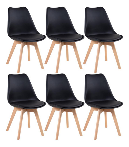 6 Cadeiras Estofada Leda Base Madeira Eames Cozinha Cores Estrutura da cadeira Preto