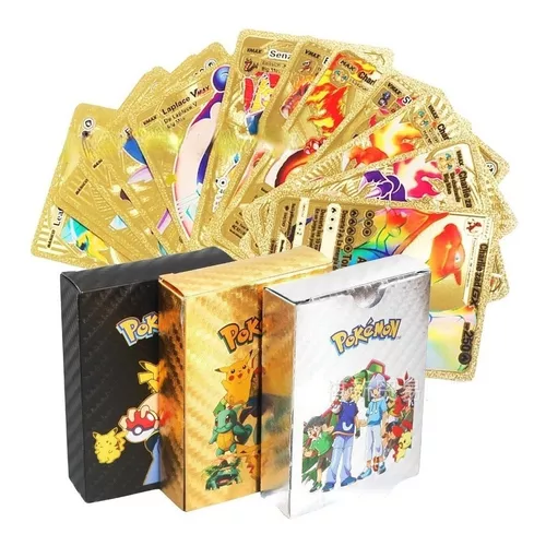 Caixa C/ 54 Cards Pokemon Folha De Ouro Cartinha Brilhante