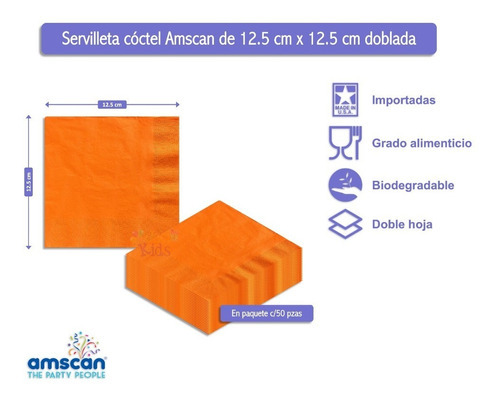 Servilletas De Papel Coctel Colores Premium Paq C/50 Amscan Color Anaranjado