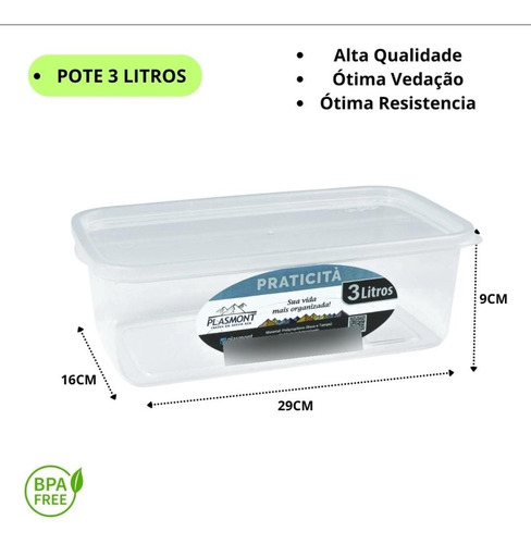 Kit 4 Potes Transparente 1,2 L E 3,0 L Presidio Retangular