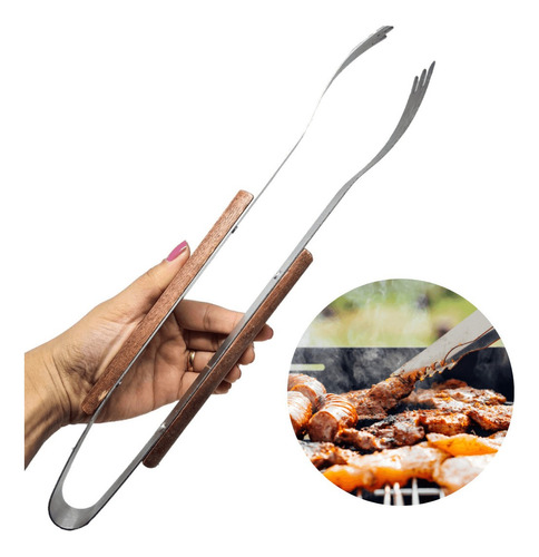 Pegador Para Churrasco De Inox Com Madeira Grande 35cm