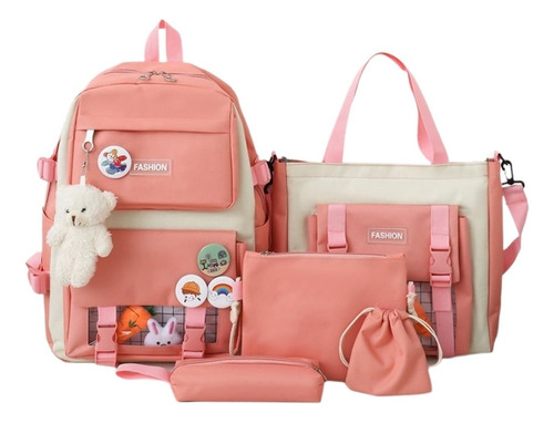 Kit Combo Mochila Escolar Kawaii 5 Piezas Estilo Coreano