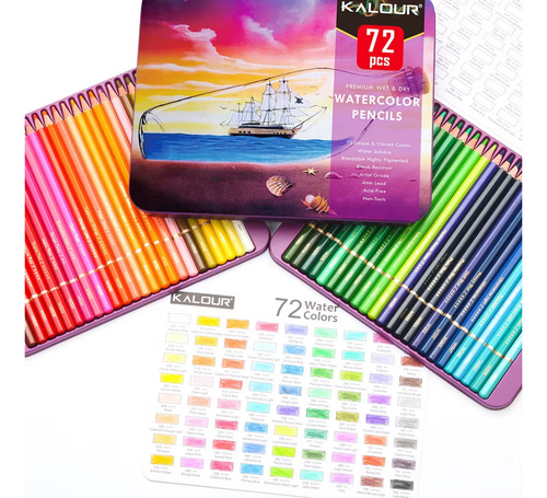 Colores X72 Lapices Premium Kalour Watercolor Lata La Plata