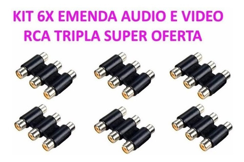 Kit 6x Emenda Tripla Rca Cabo De Áudio E Vídeo Fêmea X Fêmea