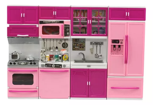 Jogo De Cozinha Barbie Meninas Rosa Grande Kit Completa Luxo Geladeira  Fogao Panelinhas Luzes Infantil Armário