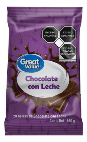 4 Pzas Barra De Chocolate Great Value 160 G