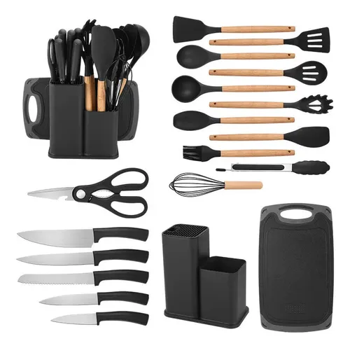 Kit 19 Peças Utensílios Cozinha Silicone Resistente Madeira Preto