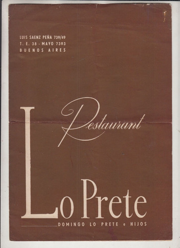 1958 Buenos Aires Menu Del Restaurante Lo Prete Vintage Raro