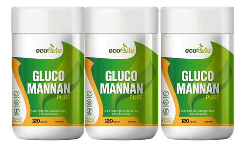 3 Pote Glucomannan 360 Cápsulas 750mg Puro Sem Sabor Ecobele