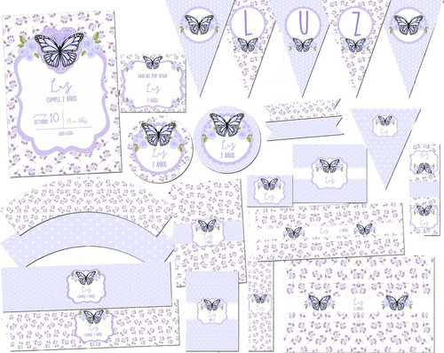 Kit Imprimible Mariposas Shabby Chic Lila Personalizado
