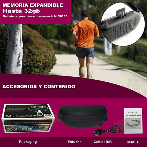 Anteojo Lentes Espia Camara Oculta Deportivo Microfono Camuflado Graba Video Seguridad Slot Para Micro Sd
