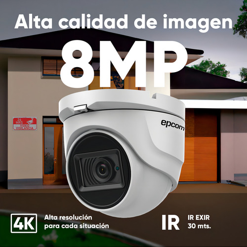 Epcom Kit De 4 Camaras De Seguridad Metalicas Eyeball 8mp Protección Ip66 Para Uso Exterior + Dvr 4ch Turbohd Con Detección De Movimiento Y Salida De Alarma +3tb Hdd Modelo Ev8004e4k-plus+3tb