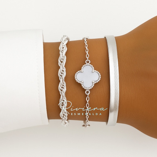 Mix 3 Pulseiras Trevo Trançada Fita Banhada Prata 925 Garant