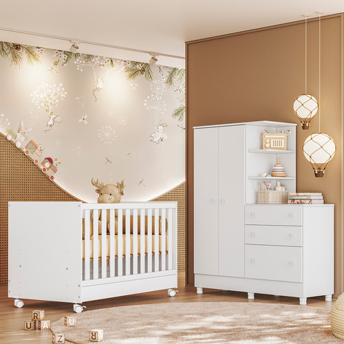 Conjunto Para Quarto Bebê Doce Sonho Guarda Roupa E Berço Com Colchão Cor Branco