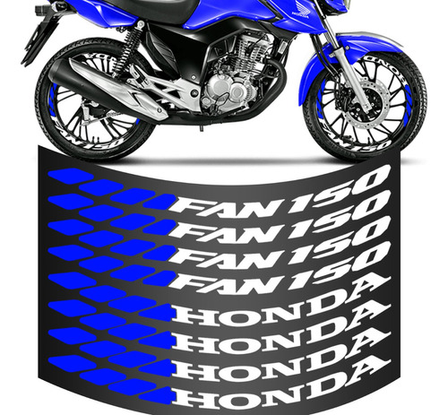 Kit 8 Adesivo Roda Fan 150 Grande Moto Azul Colante Faixa