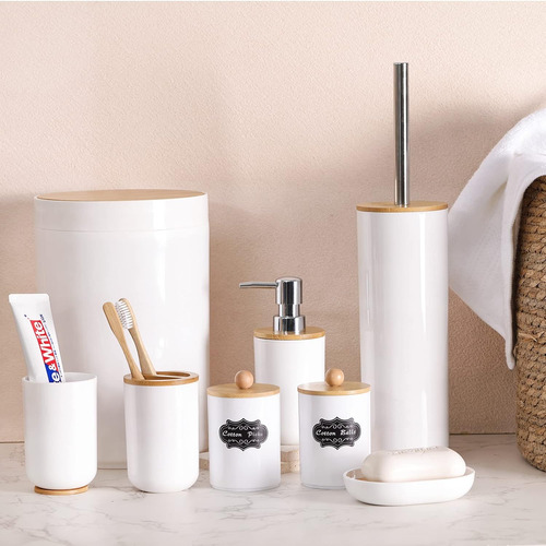 Juego De 8 Accesorios De Baño De Bambú, Dispensador De Jabón