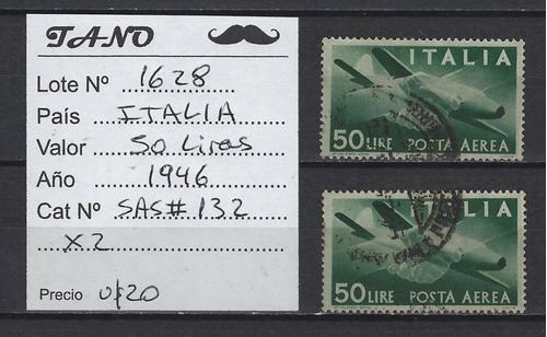 Lote1628 Italia 50 Liras Año 1946 Aereo Sas# 132 X2 Sellos