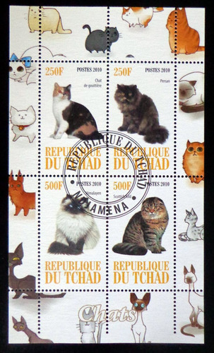 Tchad Gatos, Bloque 4 Sellos 2010 Usado L6994