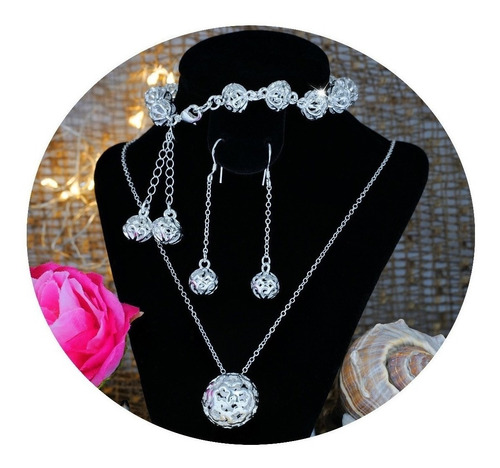 Set Collar Pulsera Aretes Esfera Plata Elegantes Joyas Finas