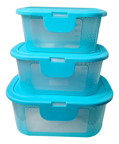 Kit 3 Potes Tampa Fixa P M G Armazenamento Alimentos Premium Cor Azul