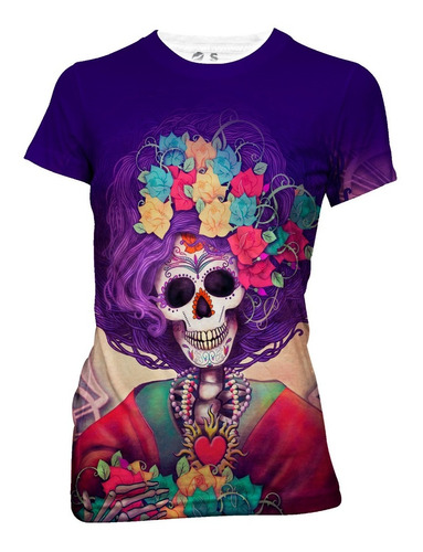 Playera Full Print Catrina Calavera Skull Cabello Morado 130