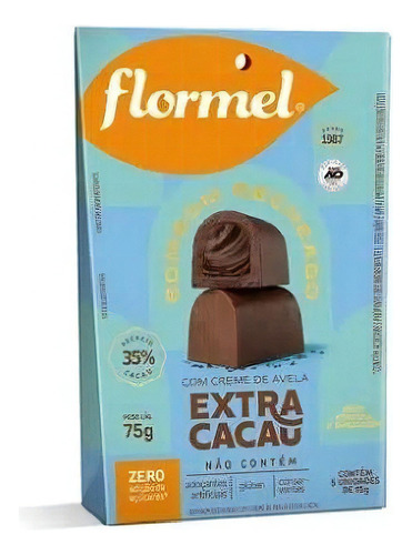Bombom recheado com creme de avelã  extra cacau Flormel  chocolate ao leite com creme de avelã extra cacau sem glúten doypack 75 g 5 u