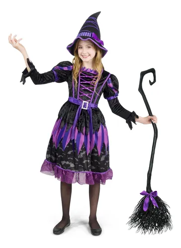 Disfraz De Bruja Púrpura Para Niña De Halloween Con Murciéla