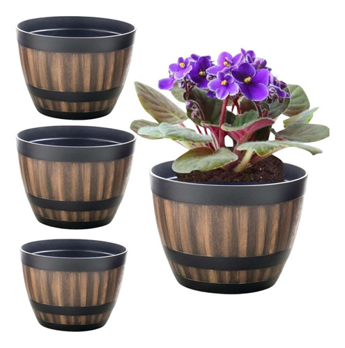 4 Maceteros Barril Simulación Madera 4l C/ Agujero 22.8×17cm