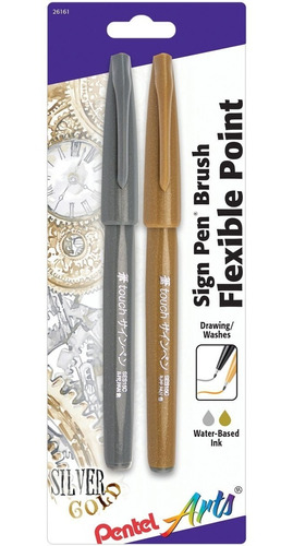 2 X Pentel Arts Sign Pen Touch, Fude Brush Tip, Gold/silver