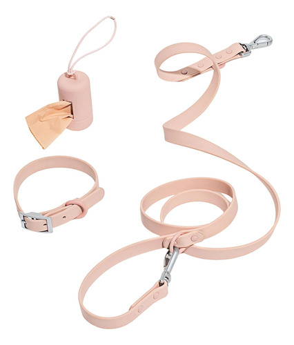 Juego De Collar Y Correa Para Perros Con Porta Bolsas Rosa Claro Xs