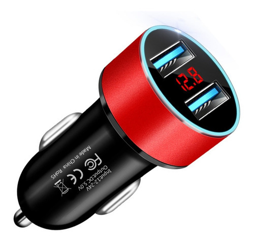 Cargador Adaptador De Auto 12v 24v - 2 Usb + Voltimetro Color Rojo