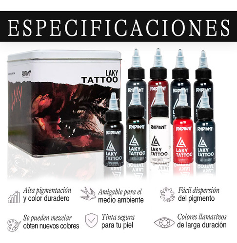 Set De Tintas Para Tatuar Radiant Laky Tattoo 9 Colores 1oz
