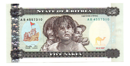 Billete Eritrea 5 Nakfa, Pick 2, Año 1997 Sc