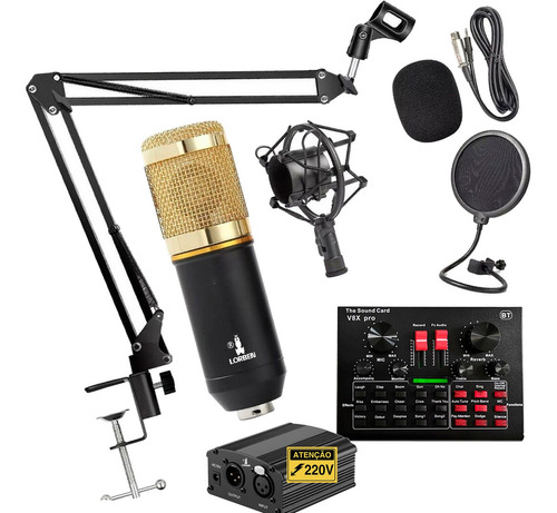 Kit Placa V8x Pro + Microfone Bm800 + Phantom Power 220v Cor Preto